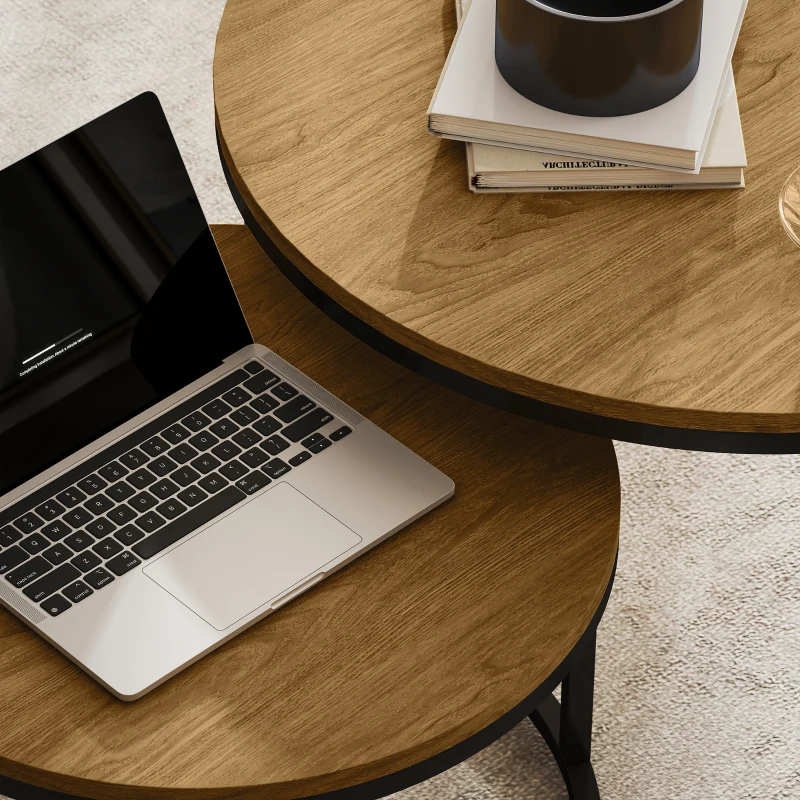 HOMCOM Set de 2 mese de cafea gigogne suprapozabil design industrial blat de ciment picioare din metal maro