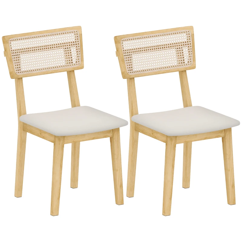 HOMCOM Set aus 2 Esszimmerstühlen, Küchenstühle mit Rattan-Rückenlehne, Kautschukholzgestell, Naturholzoptik