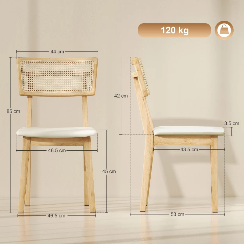 HOMCOM Set di 2 sedie da sala da pranzo con schienale effetto rattan, telaio in legno, Legno naturale