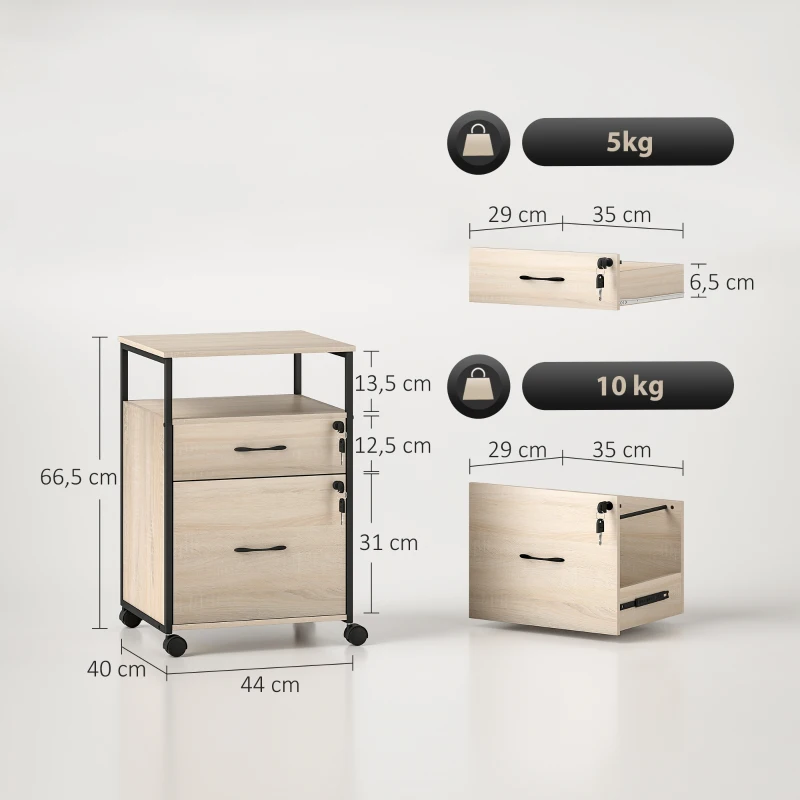 Vinsetto Caisson de bureau pour bureau avec 2 tiroirs et roulettes pour format A4 44x40x66,5 cm Tonalité bois