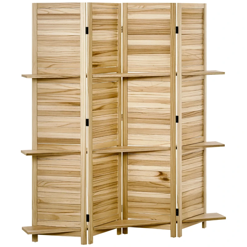 HOMCOM Paravan interior cu 4 panouri și 3 rafturi pliabile uși obloane lemn de paulownia aspect pin autoclav