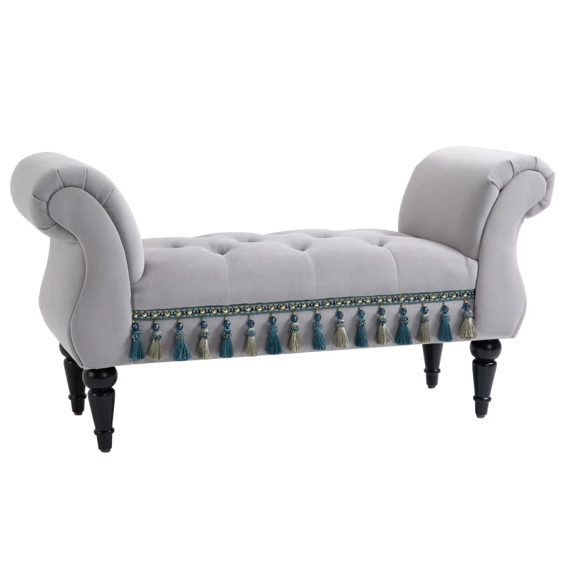 HOMCOM Banqueta Capitonê Veludo Banco de Cama com Braços Pés em Madeira de Seringueira Cinza 40x117x58 cm