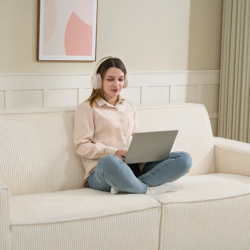 HOMCOM Sofá 3 Lugares em Veludo Cotelê 230 cm Sofá Moderno Sem Montagem Necessária Bege