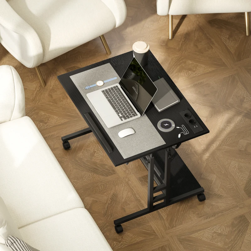 HOMCOM Escritorio Elevable con Ruedas Enchufes Puertos USB Altura Ajustable Panel Central Inclinado y Estante 80x60 cm Negro