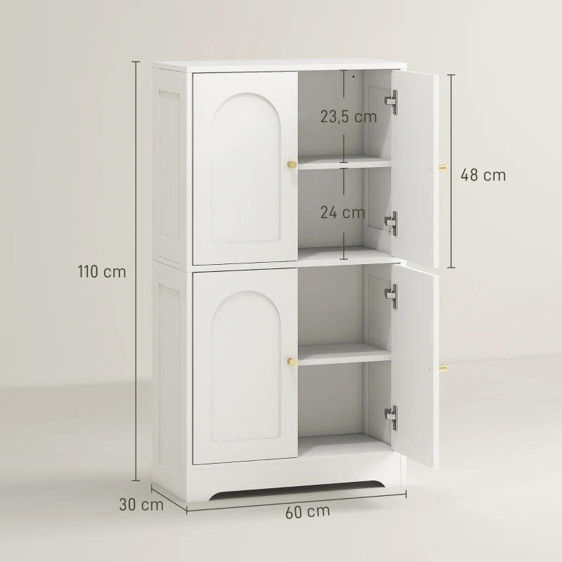 HOMCOM Móvel de Arrumação Sala de Estar para Armazenamento Armário de Cozinha com 4 Portas Curvas e 2 Prateleiras Ajustáveis 60x30x110 cm Branco