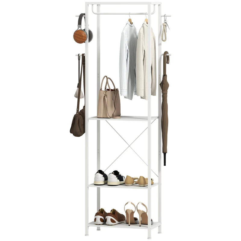 HOMCOM Cabide Cabide de Roupas com Barra de Suspensão 4 Ganchos Prateleiras 52x30x180 cm Branco
