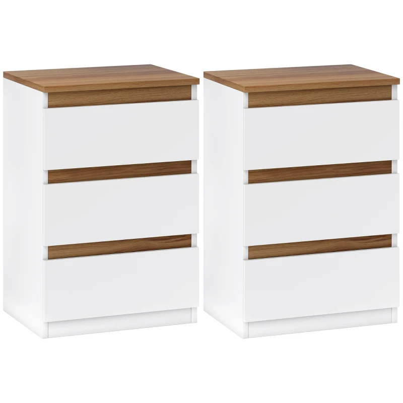 HOMCOM Set de 2 Mesite de Noapte Înguste de 3 Sertare Comode pentru Sufragerie Hol 40x30x59,5 cm Alb