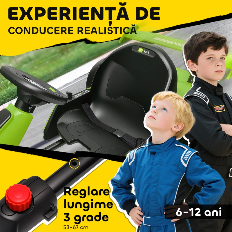 HOMCOM Go Kart Electric pentru Copii cu Scaun Reglabil, 2 Motoare, Claxon, Lumini și Muzică, 120x76x53,5 cm, Verde(m-5)
