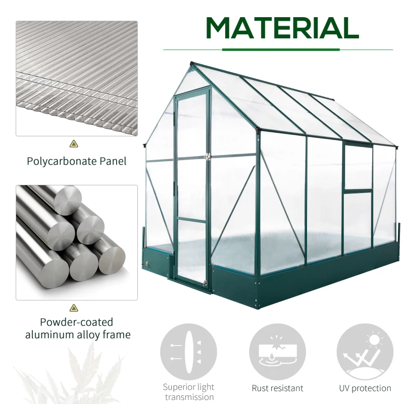 Outsunny Garden Walk-in Polycarbonate Greenhouse with Raised Garden Bed, Temperature Controlled Window, Aluminium Frame & Foundation, 6 x 8ft
