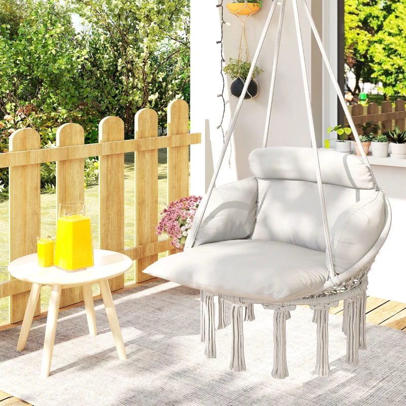 Outsunny Hanging Chair Outdoor Hammock Chair with Soft Cushion, Cotton Rope Boho Style Swing Chair, Hanging Garden Swing Seat for Indoor Outdoor, Cream White