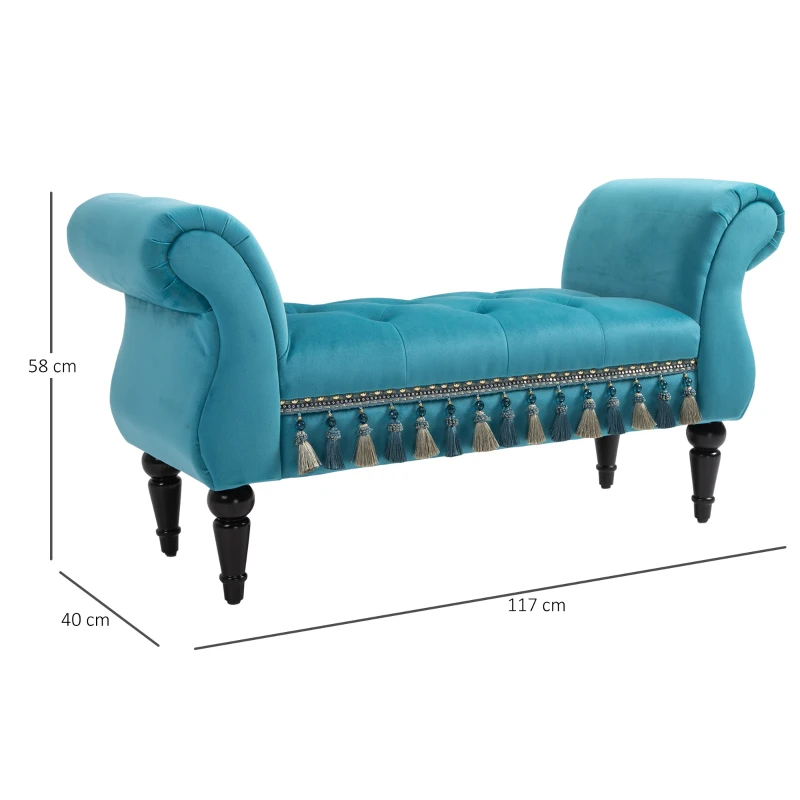 HOMCOM Bancă de șezut tapitată, aspect catifelat, bancă de pat de lux cu picioare din lemn, bancă de hol pentru dormitor, capacitate de încărcare până la 150 kg, Albastru, 117 x 40 x 58 cm