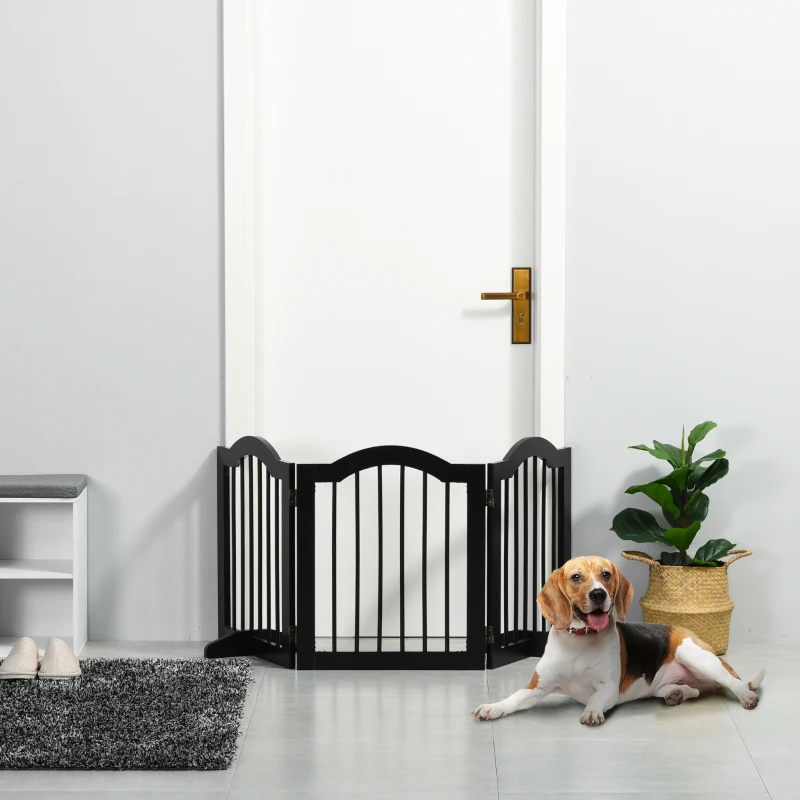 PawHut Barieră de siguranță barieră modulabilă pliabilă pentru animale de companie cu picior de suport MDF lemn masiv 154,5 x 61 cm negru
