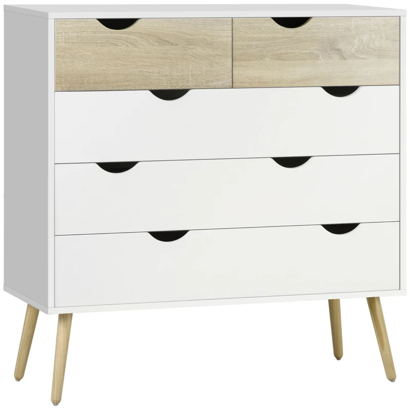 HOMCOM Comodă 5 sertare design scandinav mobilier depozitare cameră placă particule 99 x 39 x 101 cm alb aspect stejar deschis