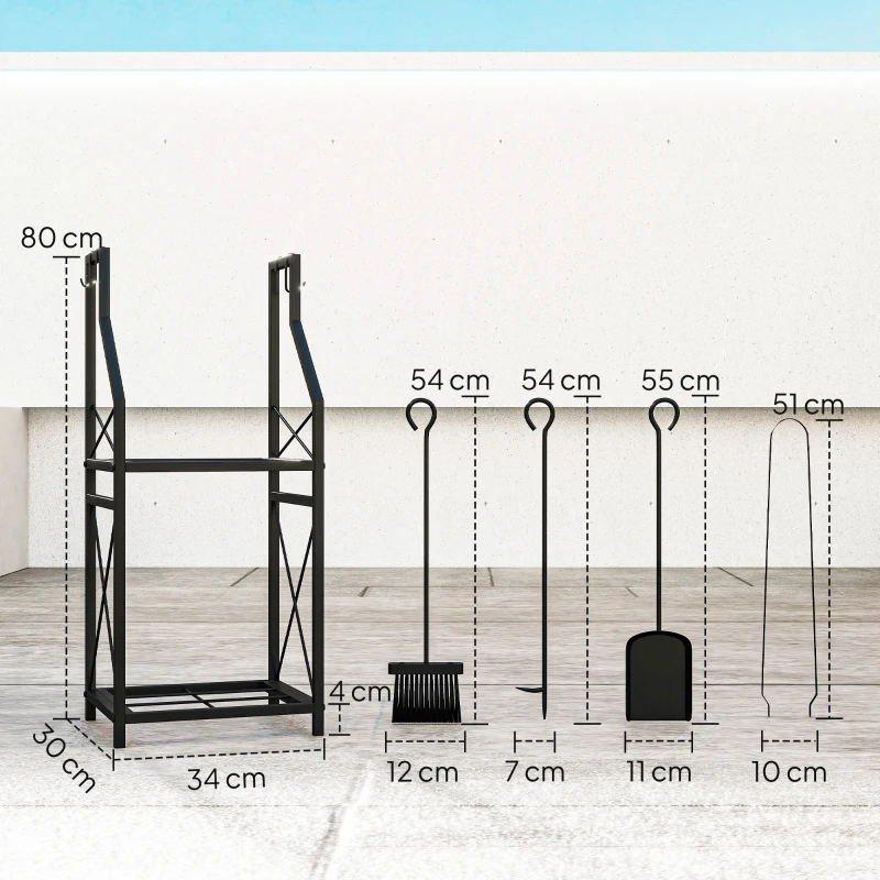 Outsunny Metallisches Kaminholzlager mit 2 Ebenen und 4 Werkzeugen Haken 34x30x80 cm Schwarz