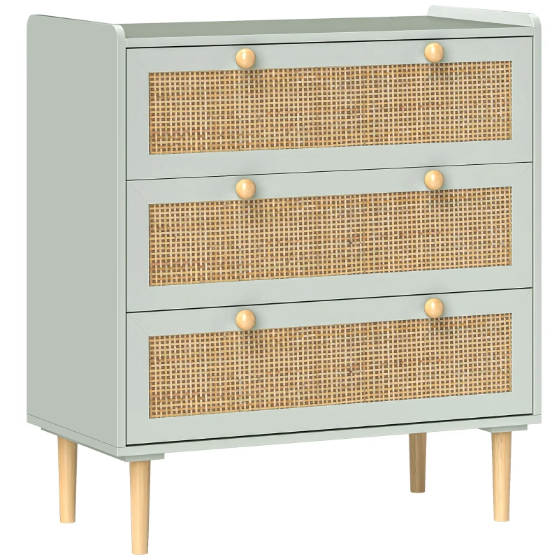 HOMCOM Comoda pentru dormitor cu 3 sertare, fronturi din rachita, comoda pentru hol, intrare, MDF, Verde