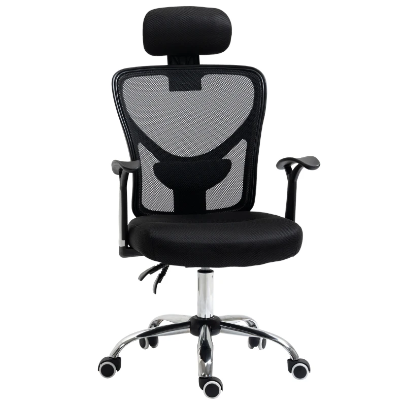 Vinsetto Cadeira de Escritório Ergonômica Cadeira de Escritório Giratória com Altura Ajustável Função Reclinável Apoio para a Cabeça e Suporte Lombar 65x67x108-118cm Preto