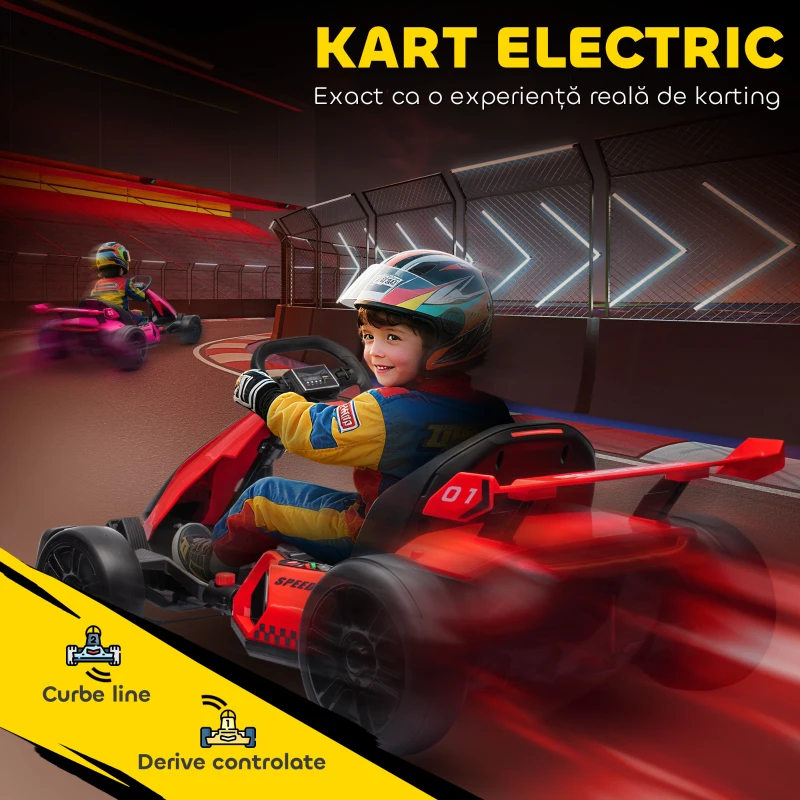 HOMCOM Go-Kart Electric pentru Copii cu Scaun Reglabil, 2 Motoare, Claxon, Lumini și Muzică, 120x76x53.5 cm, Roșu(m-4)