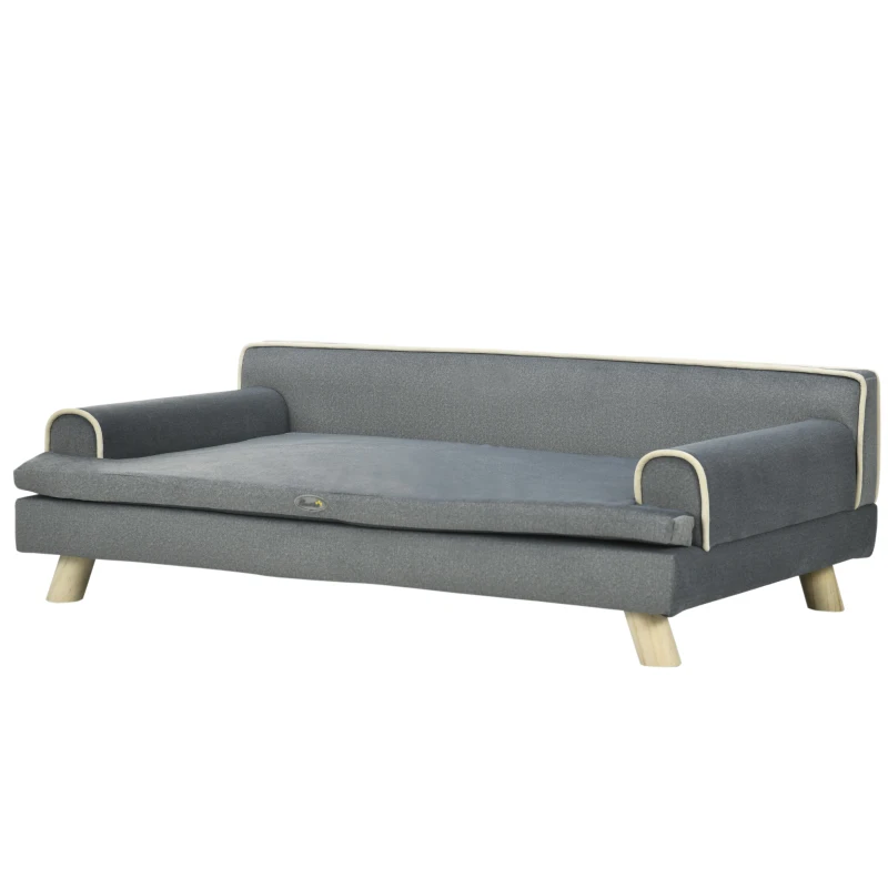 Pawhut Sofá para Cães ou Gatos Design Escandinavo Almofada Fofa Removível Pés em Madeira Maciça 100x62x32 cm Cinza