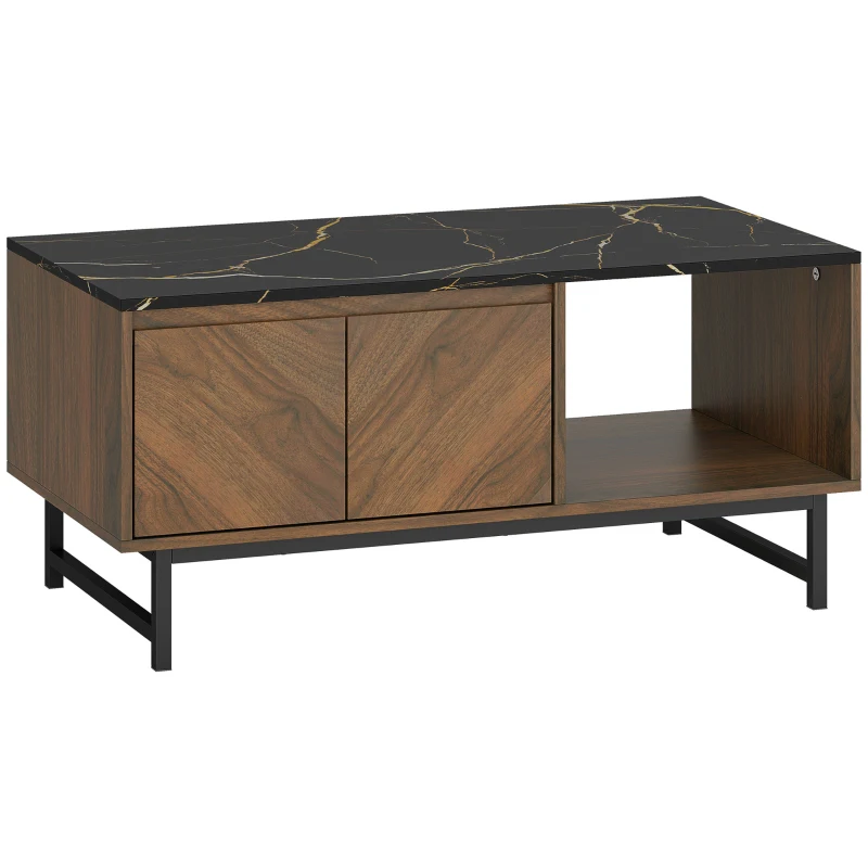 HOMCOM Couchtisch, Wohnzimmertisch, Marmoroptikplatte, 2 Türen und 2 offene Fächer, 100 x 50,8 x 45,7 cm, Nussbaum