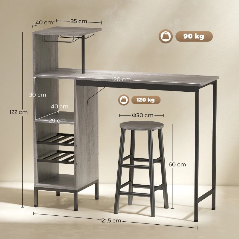 HOMCOM Bar-Set mit Hockern, Stehtischset mit 2 Barhockern, Aufbewahrungsregale, Weinregale, Naturholz