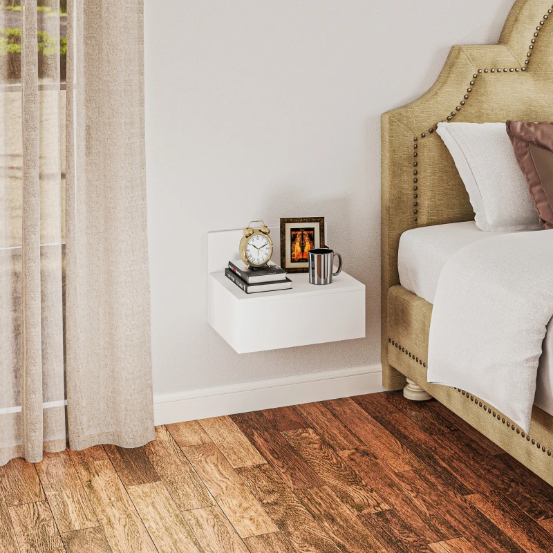 HOMCOM Set de 2 Noptiere Plutitoare Mesillas de Noche pentru Dormitor cu Sertar 43x36,5x30,5 cm Alb