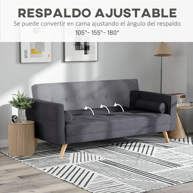 HOMCOM Sofá Cama de 3 Plazas Reclinable Sofá Convertible en Cama con Reposabrazos Tapicería en Tela 187x90x86,5 cm Gris