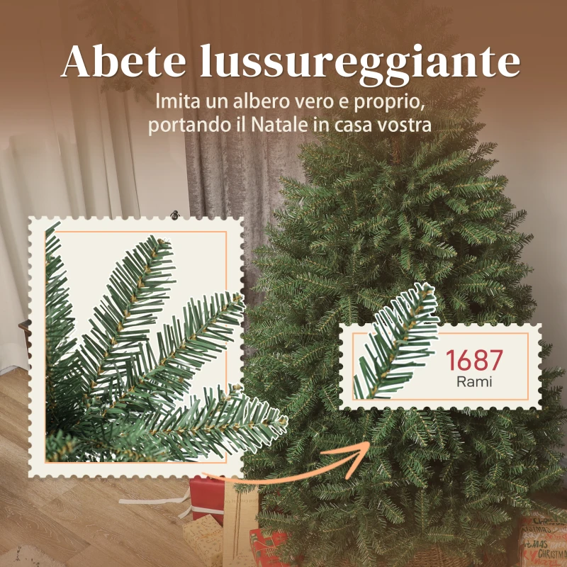 HOMCOM Albero di Natale Artificiale da 180 cm con Rami a Cerniera e Base in Metallo Pieghevole, Verde