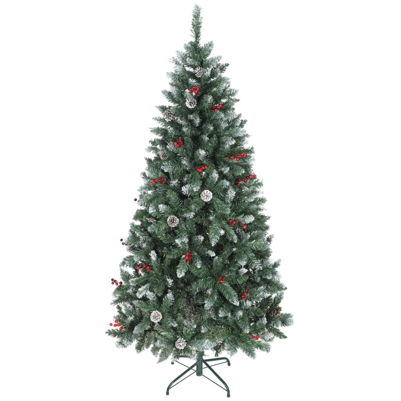 HOMCOM Albero di Natale Alto 180 cm da Interno con 620 Rami, Pigne e Bacche Rosse, Base in Metallo, Verde
