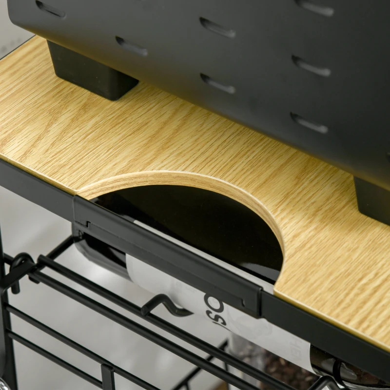 HOMCOM Masă de bucătărie cu roți și suport multifuncțional cu suport pentru sticle, coș detașabil, tavă și 4 cârlige pentru bucătărie, living 60,5x35,5x75 cm Negru și stejar