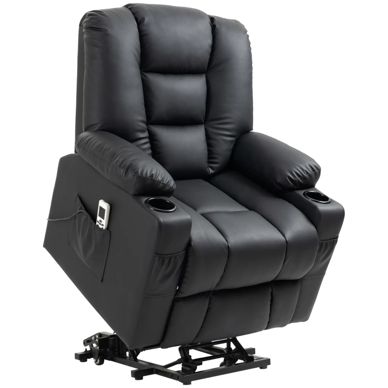HOMCOM Fotoliu relaxant cu ajutor de ridicare, USB, functie de masaj, piele ecologica, pana la 150 kg, 90x98x102 cm, Negru