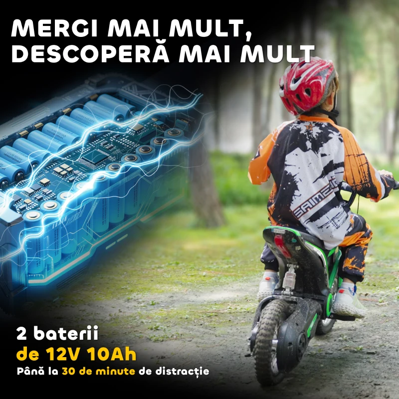 HOMCOM Motocicletă Electrică pentru Copii 8-12 Ani cu Accelerație Manuală și 2 Viteze, 119x64x76,5 cm, Verde