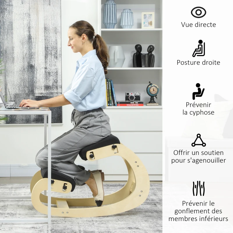 HOMCOM Siège assis genoux, siège ergonomique en bois avec fonction à bascule, chaise à genoux réglable pour bureau à domicile