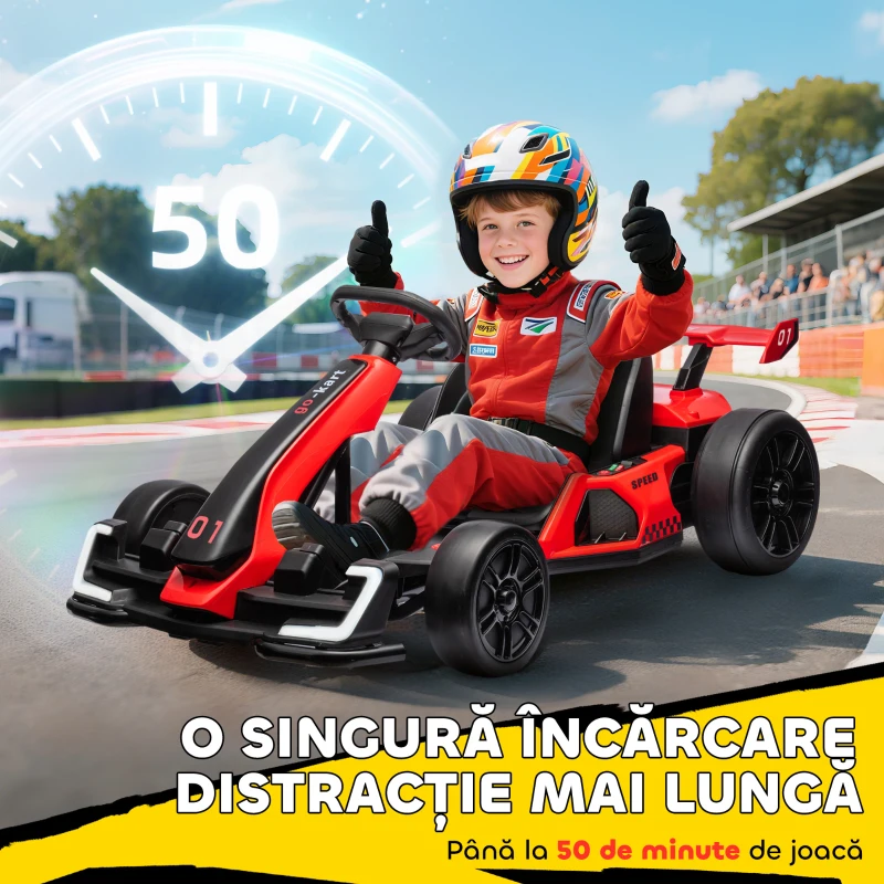 HOMCOM Go-Kart Electric pentru Copii cu Scaun Reglabil, 2 Motoare, Claxon, Lumini și Muzică, 120x76x53.5 cm, Roșu(m-7)