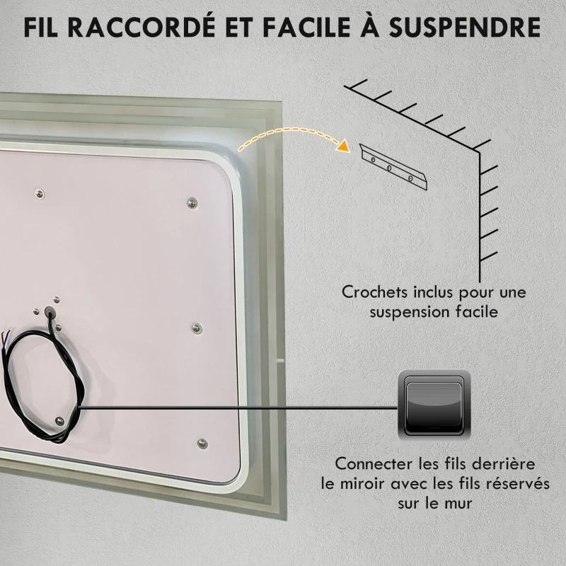 kleankin Miroir de salle de bain rectangulaire mural lumineux LED horizontal ou vertical, 100 x 60 cm