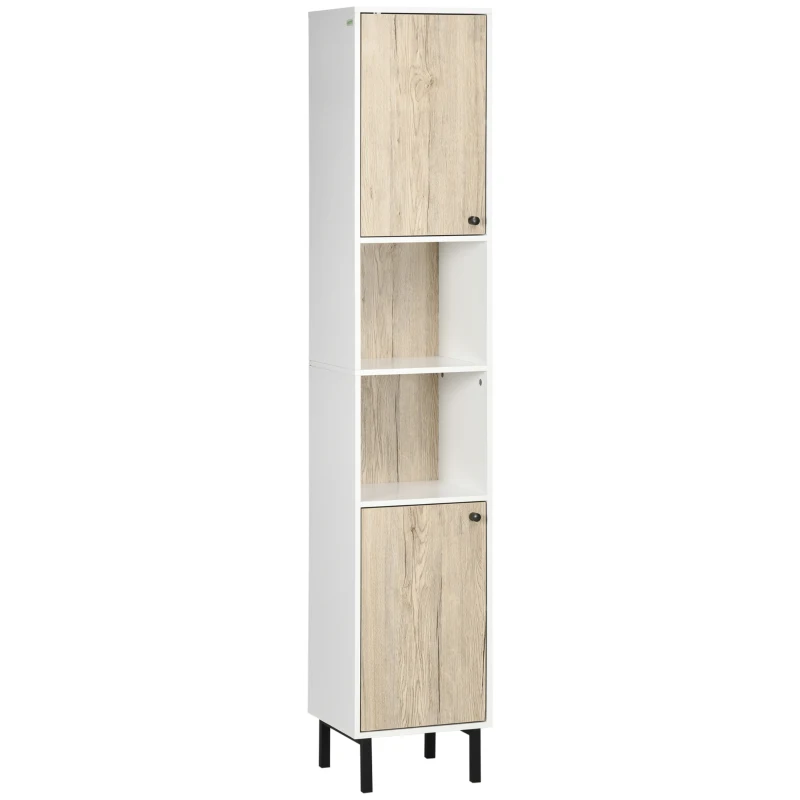 kleankin Coloană de Baie cu 6 Compartimente pentru Duș Toaletă Dormitor Stil Modern 31,5x30x169 cm Alb și Lemn de Stejar