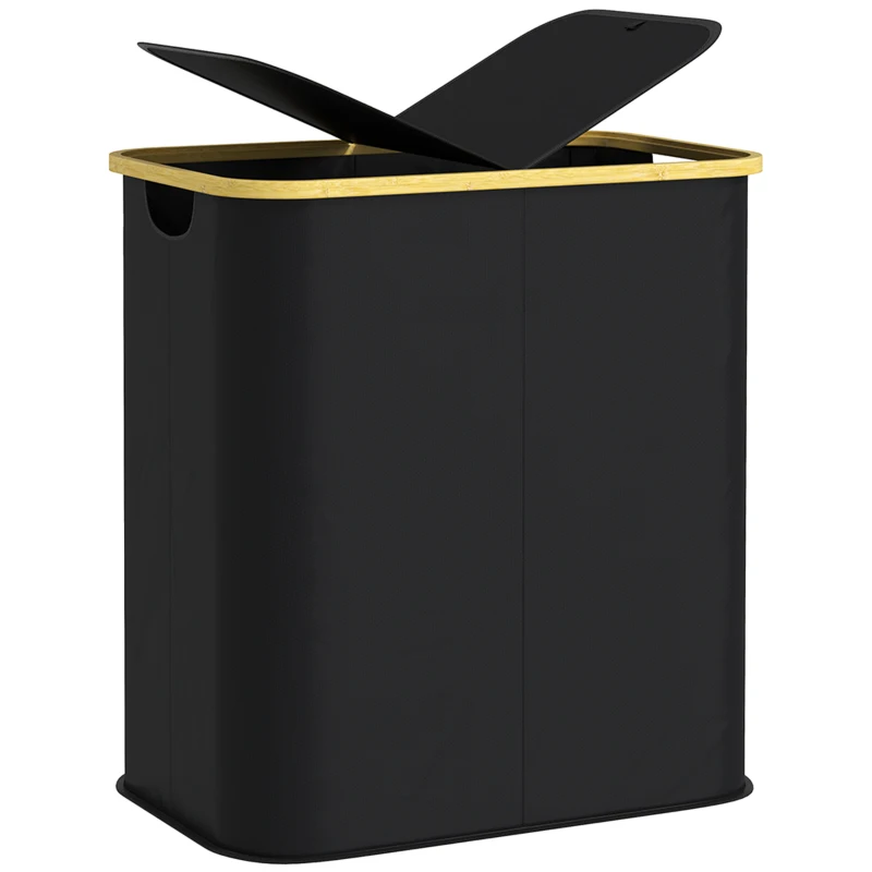 HOMCOM Cesto de Roupa Duplo Dobrável 80 L Cesto de Roupa Suja com Tampa Alças Ranhuradas Preto