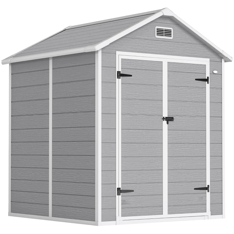 Outsunny Tuinschuur, Gereedschapsschuur met Bodem, Afsluitbare Deuren, Ventilatieopeningen, Venster, Houtlook, Kunststof, Grijs