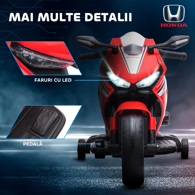 HOMCOM Motocicletă Electrică pentru Copii cu Baterie Reîncărcabilă 6V, Viteză 3 km/h, Muzică și Roți, 90x44x52 cm, Roșie(m-7)