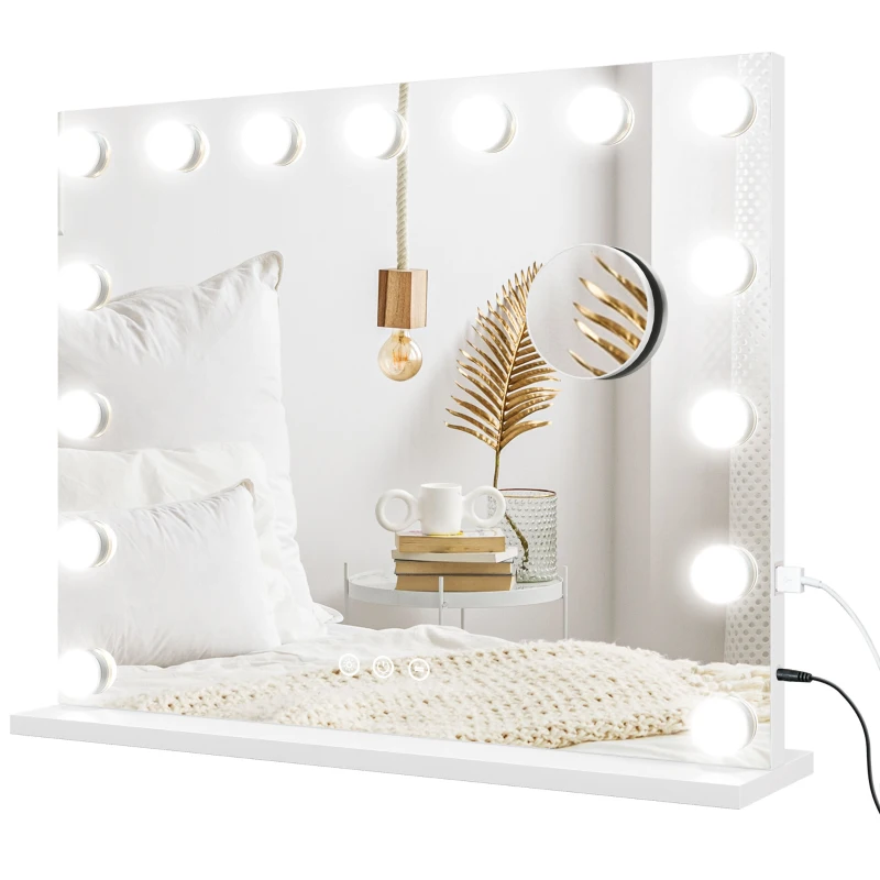 HOMCOM Oglindă de Machiaj cu LED-uri, 3 moduri de lumină, dimabilă, control tactil, USB, 58x48cm, Alb