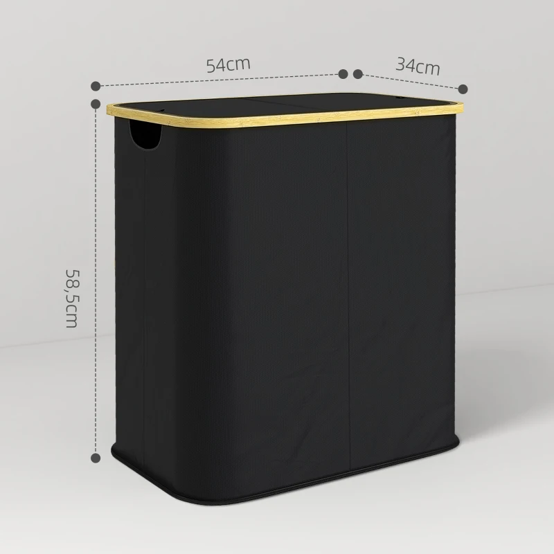 HOMCOM Cesto de Roupa Duplo Dobrável 80 L Cesto de Roupa Suja com Tampa Alças Ranhuradas Preto