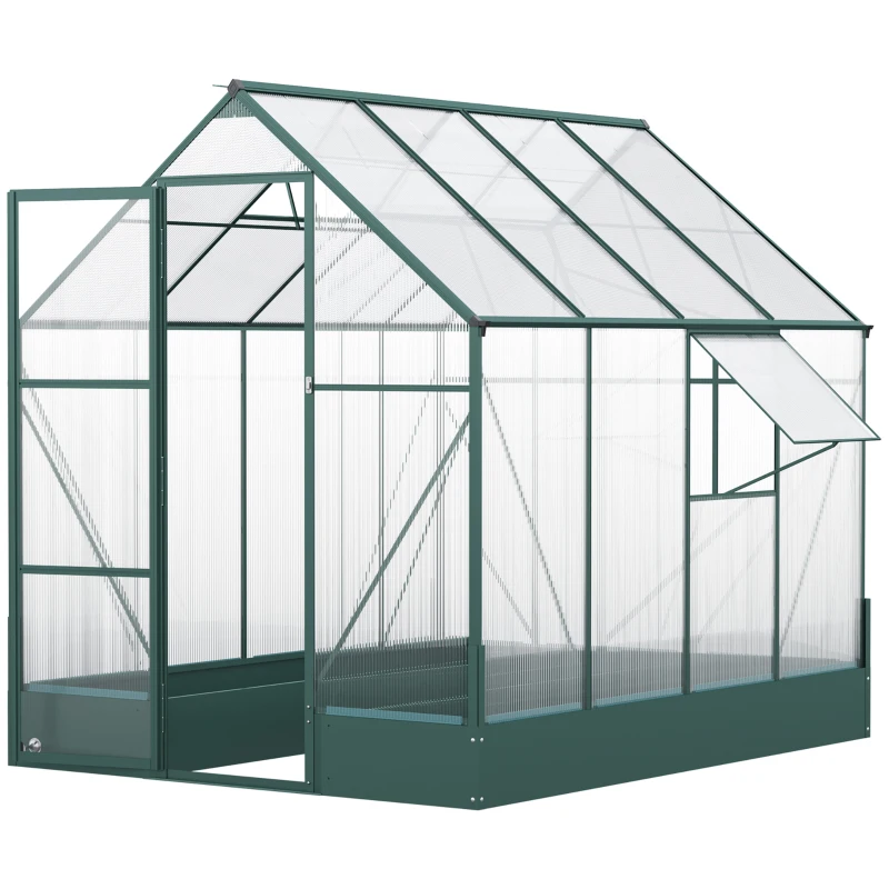 Outsunny Garden Walk-in Polycarbonate Greenhouse with Raised Garden Bed, Temperature Controlled Window, Aluminium Frame & Foundation, 6 x 8ft