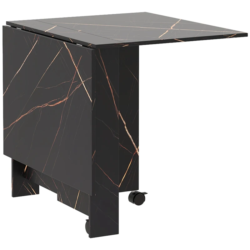 HOMCOM Mesa Dobrável de Cozinha Mesa de Jantar Dobrável com 2 Abas 2 Rodas com Travas 120x80x73 cm Preto Mármore Simulado