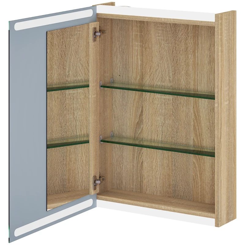 HOMCOM Dulap baie cu oglindă cu lumini LED și rafturi din sticlă reglabile, montat pe perete 50x12,5x70cm, lemn natural