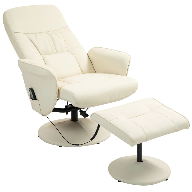 HOMCOM Fotoliu de masaj cu taburet, Scaun ergonomic cu 10 puncte de vibrații, Piele ecologică, 76 x 81 x 105 cm, Crem