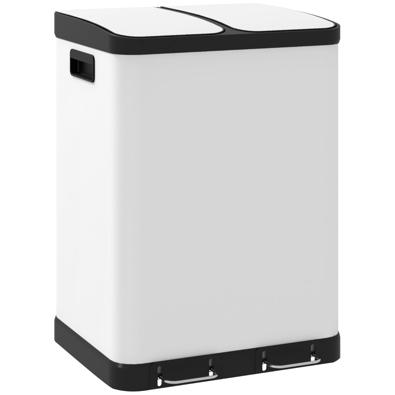 HOMCOM Cesto de Lixo de Cozinha 2x30L com Pedal em Aço Inoxidável 2 Compartimentos Tampa com Fecho Suave 60L Branco