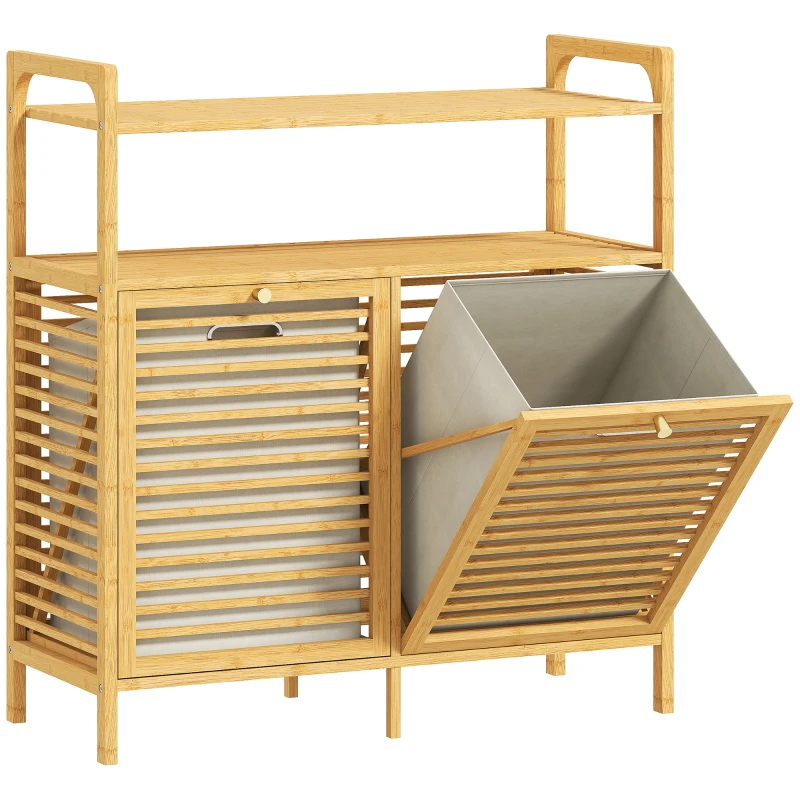 HOMCOM Mueble Ropa Sucia de Bambú 2 Bolsas de Ropa Extraíbles y Lavables con Asa 2 Estantes Abiertos 82x33x88 cm Natural