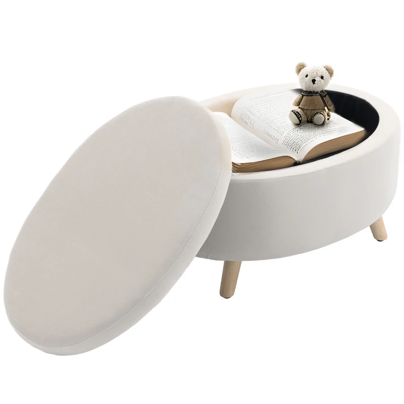 HOMCOM Taburet de depozitare oval intern, cutie, puf, material catifelat, 71 x 51,5 x 42 cm, bej