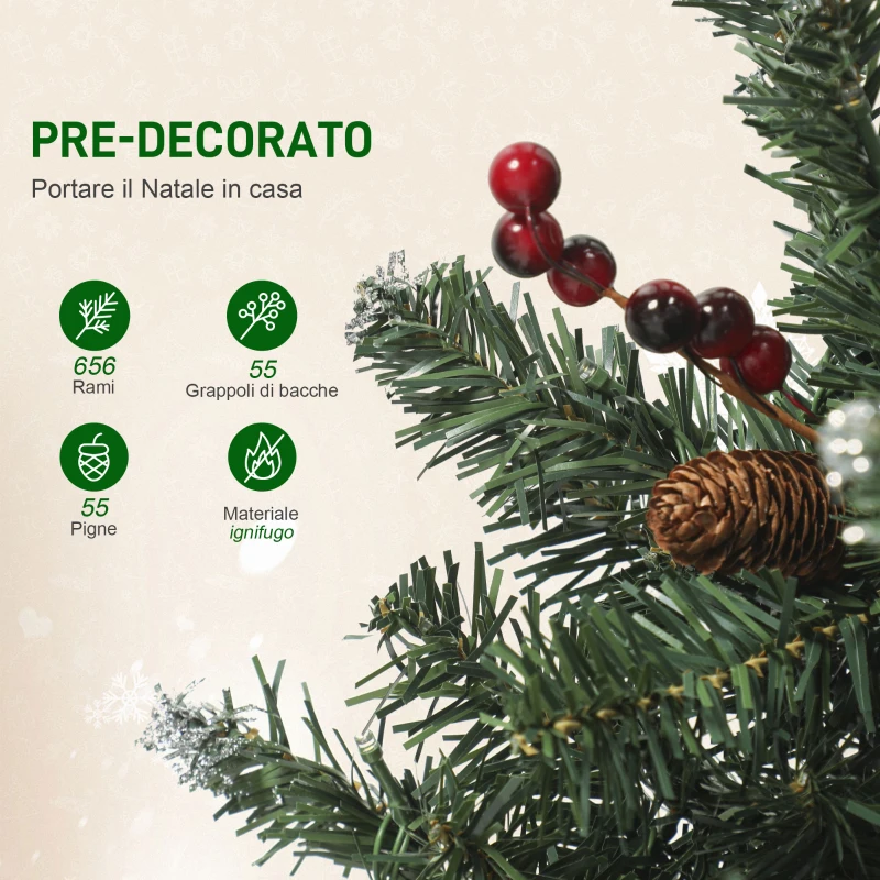HOMCOM Albero di Natale Illuminato con 300 Luci LED, 55 Pigne e 55 Grappoli di Bacche, Ø75x210 cm, Verde e Argento