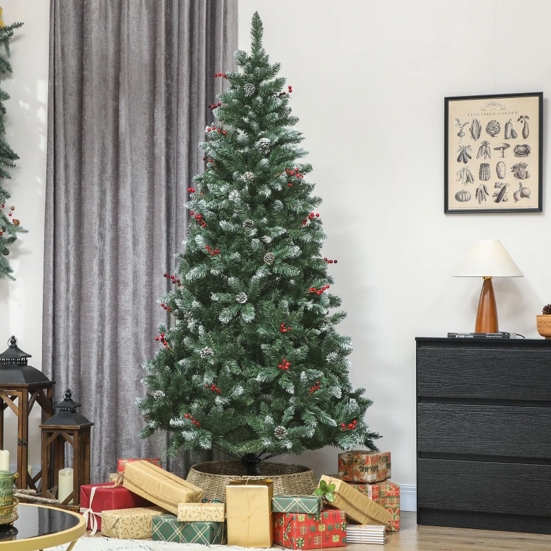 HOMCOM Albero di Natale Alto 210 cm da Interno con 928 Rami, Pigne e Bacche Rosse, Base in Metallo, Verde