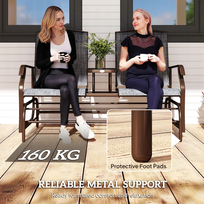 Outsunny Metaal tuinbank schommelstoel tuinstoel 2-zits met tafel schommel bruin